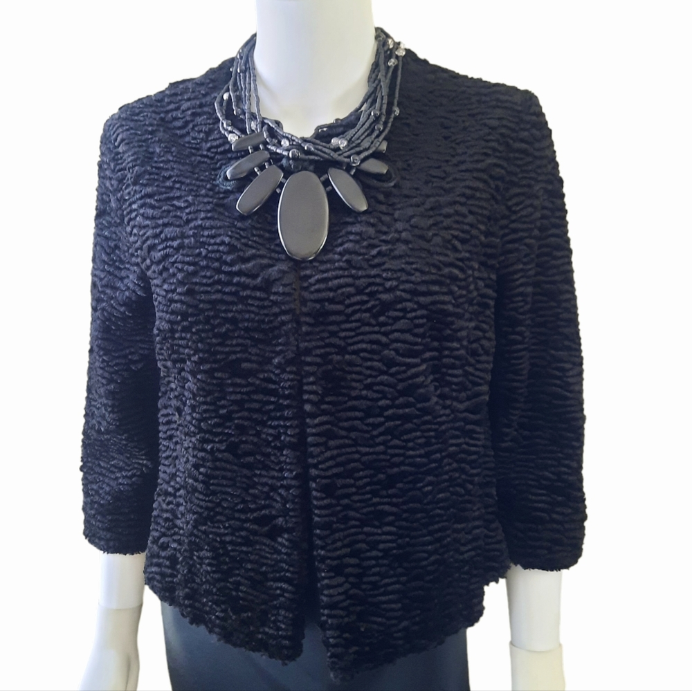 BEHNAZ SARAFPOUR Faux Fur 3/4 Sleeve  Cropped Jacket Sz M Black
